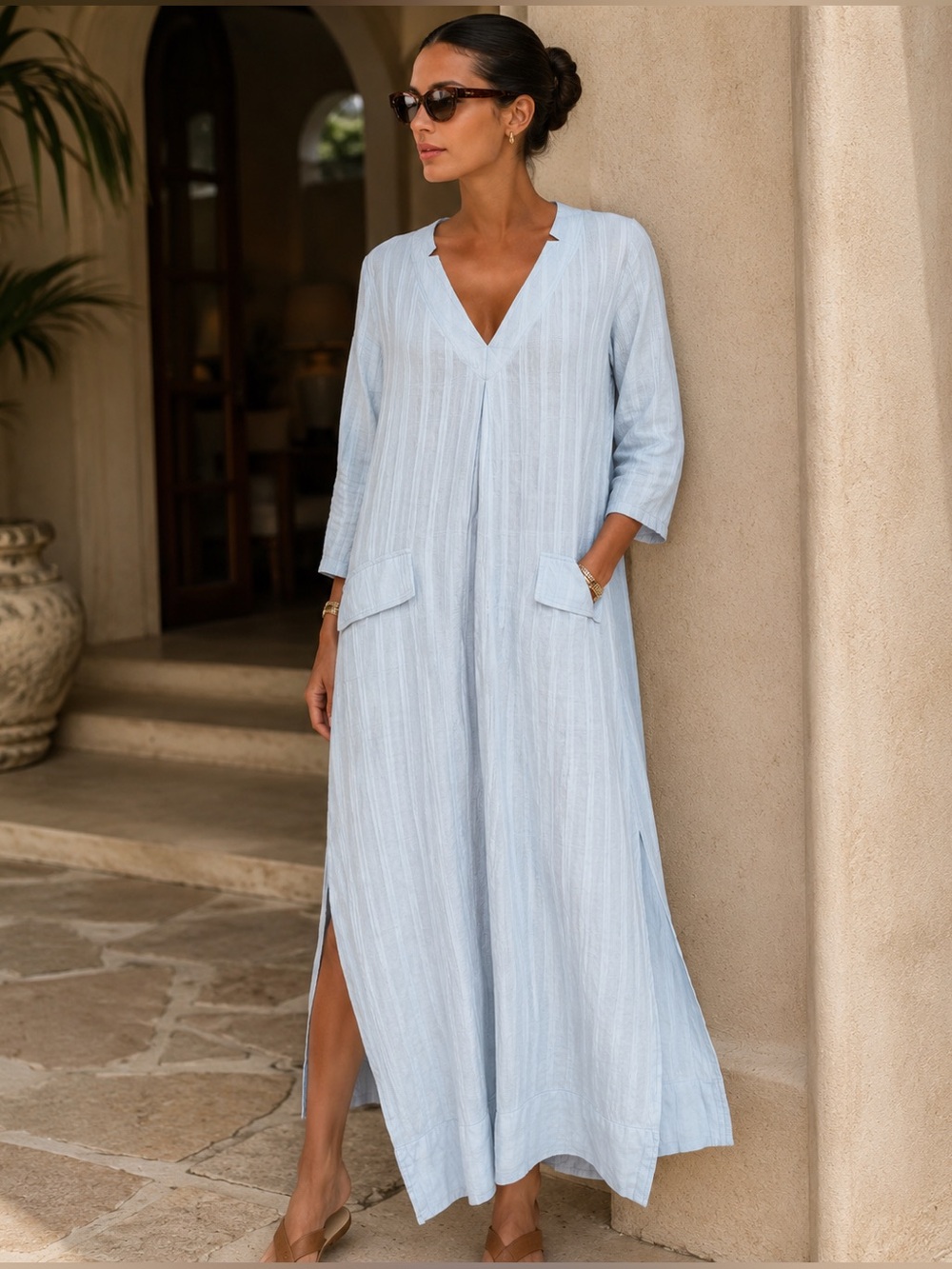 Pomander Place by Tuckernuck | Light Blue Textured Caftan Dress - Size XL